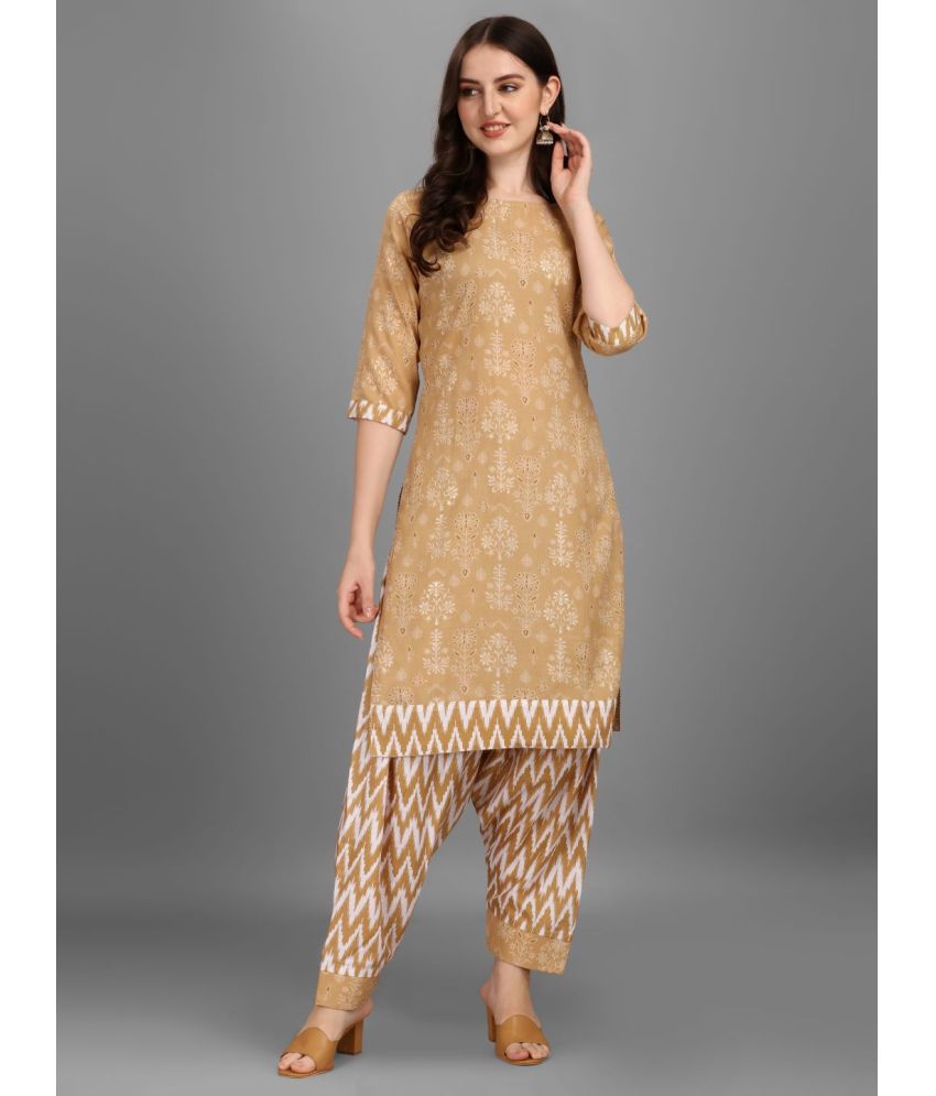     			gufrina Cotton Blend Printed Kurti With Salwar Women's Stitched Salwar Suit - Beige ( Pack of 1 )