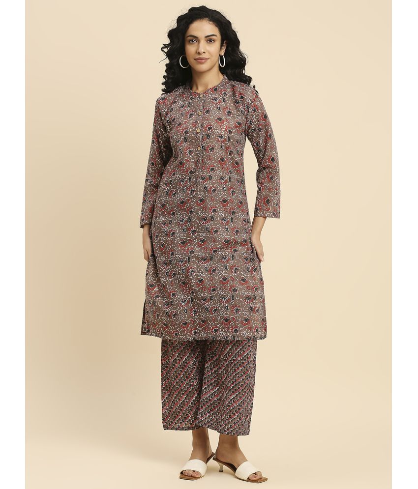     			gufrina Cotton Printed Kurti With Palazzo Women's Stitched Salwar Suit - Brown ( Pack of 1 )