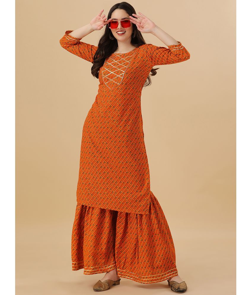     			gufrina Rayon Printed Kurti With Sharara And Gharara Women's Stitched Salwar Suit - Yellow ( Pack of 1 )