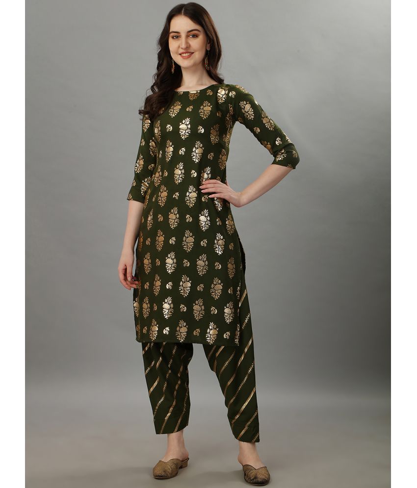     			gufrina Rayon Printed Kurti With Salwar Women's Stitched Salwar Suit - Olive ( Pack of 1 )