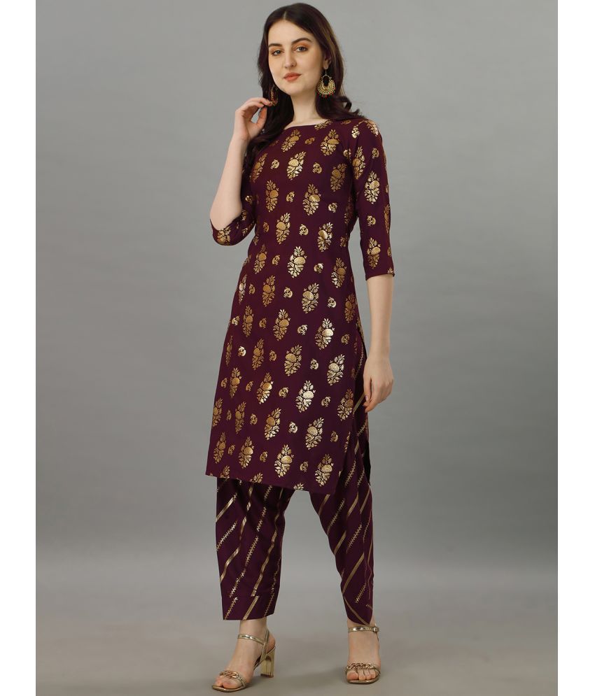     			gufrina Rayon Printed Kurti With Salwar Women's Stitched Salwar Suit - Wine ( Pack of 1 )