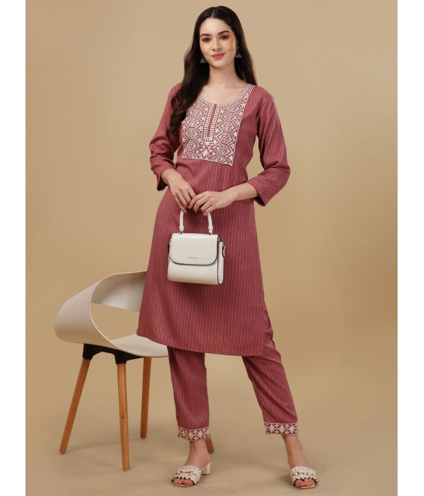     			gufrina Viscose Embroidered Kurti With Pants Women's Stitched Salwar Suit - Wine ( Pack of 1 )