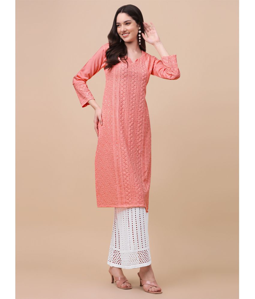     			gufrina Viscose Embroidered Kurti With Palazzo Women's Stitched Salwar Suit - Peach ( Pack of 1 )