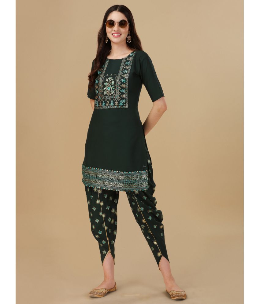     			gufrina Viscose Printed Kurti With Dhoti Pants Women's Stitched Salwar Suit - Dark Green ( Pack of 1 )