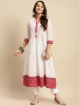 Rangita Women Off White 100% Cotton Contrast Placket Ikat Printed Calf Length Anarkali Kurta