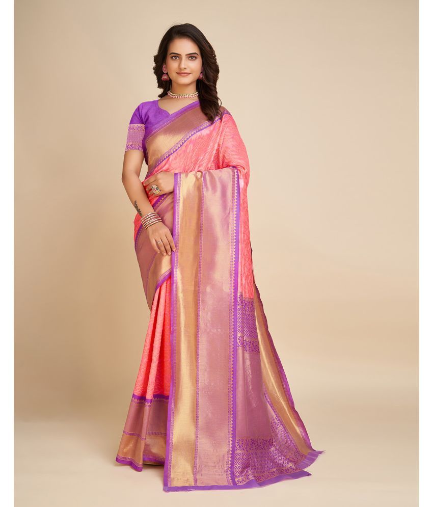     			Anjaneya Sarees Banarasi Silk Woven Saree With Blouse Piece - Pink ( Pack of 1 )