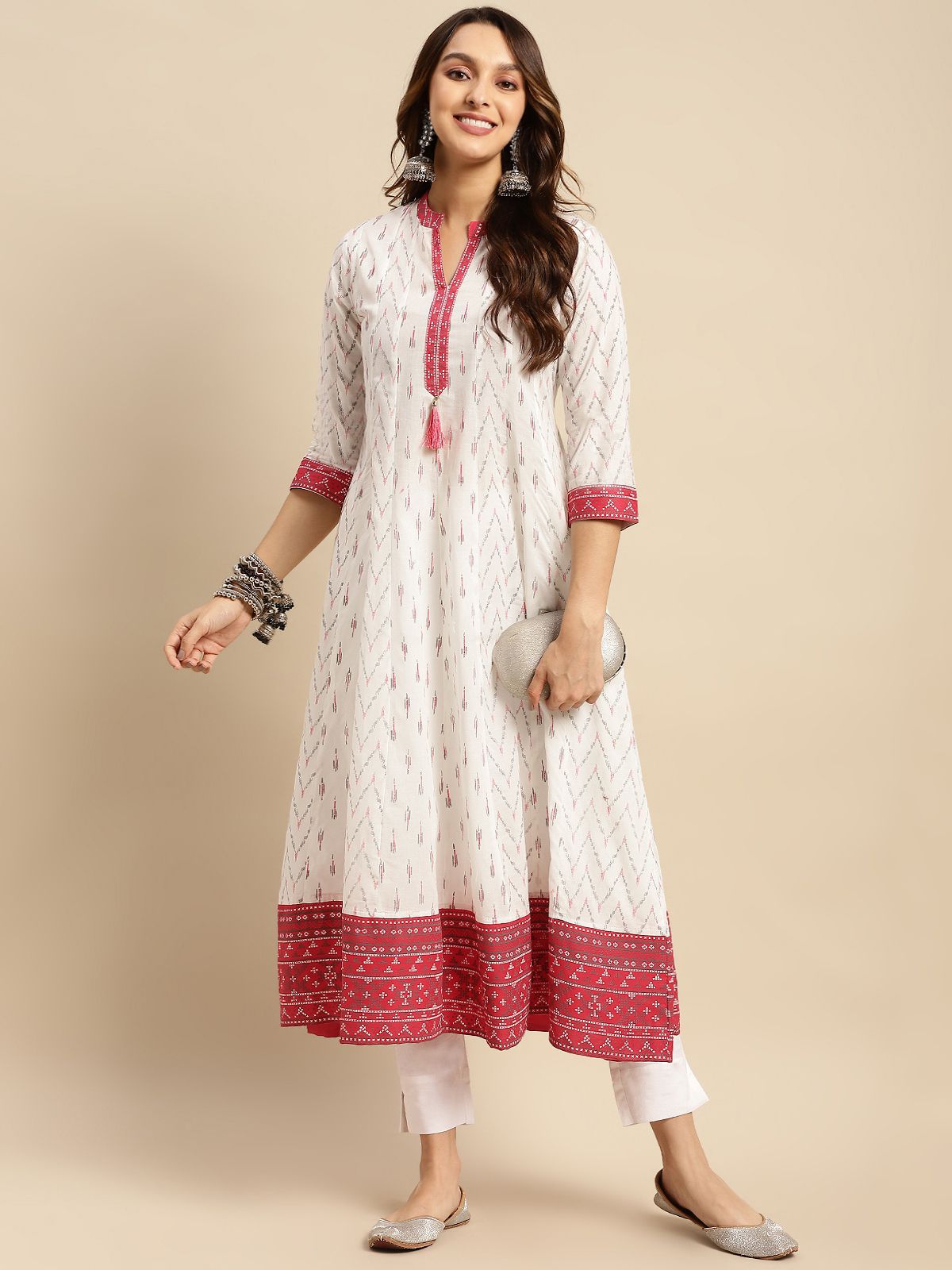     			Rangita Women 100% Cotton Off White Contrast Placket Ikat Printed Calf Length Anarkali Kurti