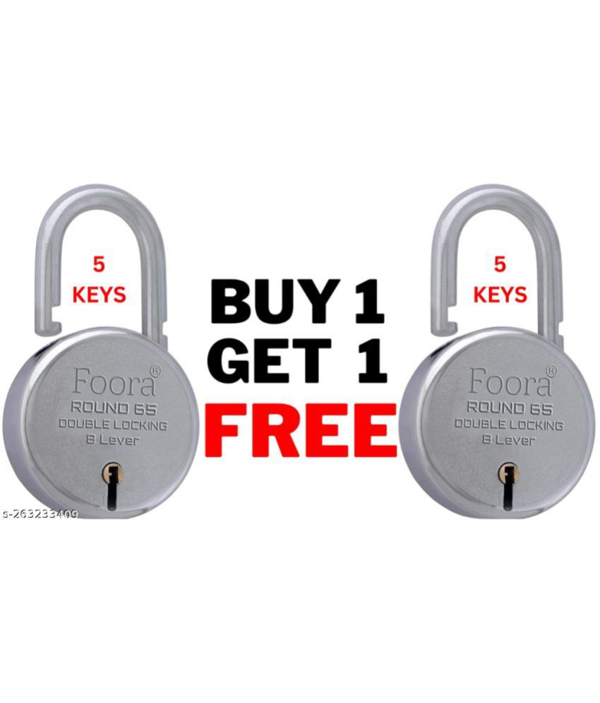    			Foora Lock and Keys Door Lock for Home Round 65 Pack of 2 Padlock with 5 Keys and Key Chain 8 Lever Double Locking gate, Shop Shutter Silver Finish