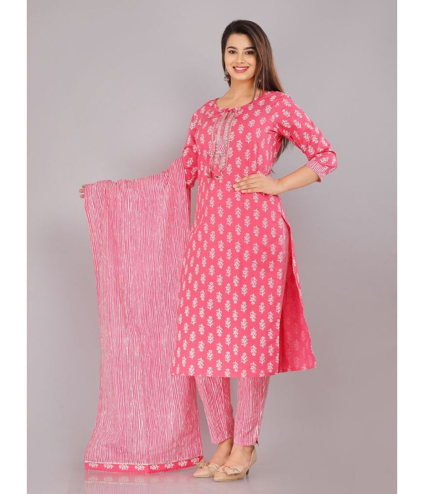     			JC4U Cotton Printed Kurti With Pants Women's Stitched Salwar Suit - Pink ( Pack of 1 )