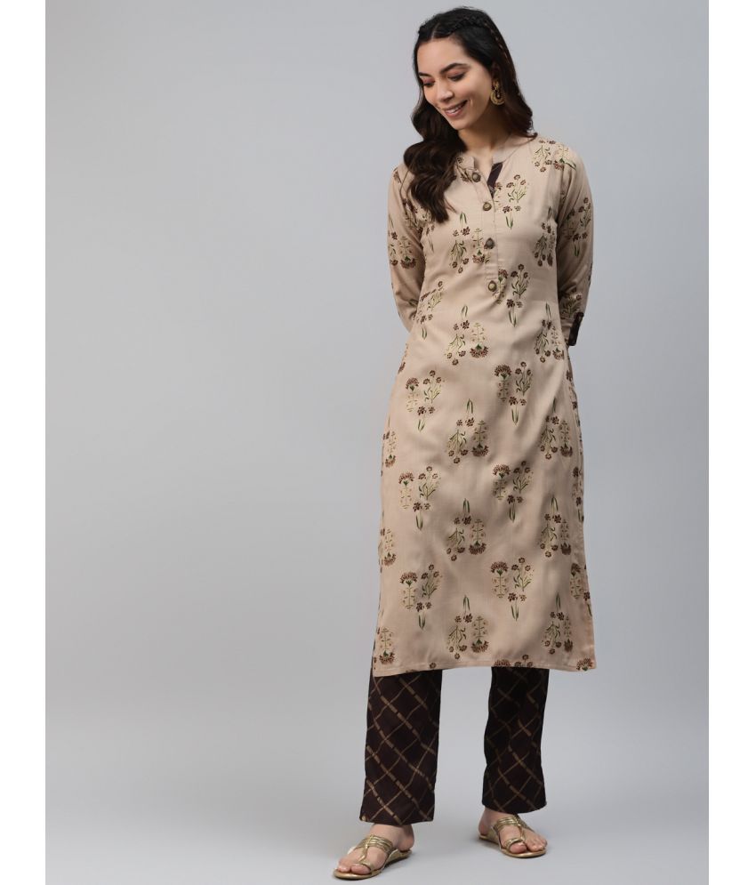     			JC4U Rayon Printed Kurti With Pants Women's Stitched Salwar Suit - Beige ( Pack of 1 )