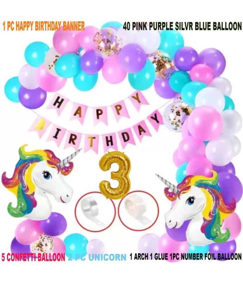     			KR 3RD/ THIRD HAPPY BIRTDAY DECORATION WITH HAPPY BIRTHDAY BLUE BANNER , 2 UNICORN BALLOON 1 ARCH 1 GLUE 40 PINK PURPLE BLUE BALLOON  5 CONFETTI BALLOON 3 NO GOLD FOIL BALLOON