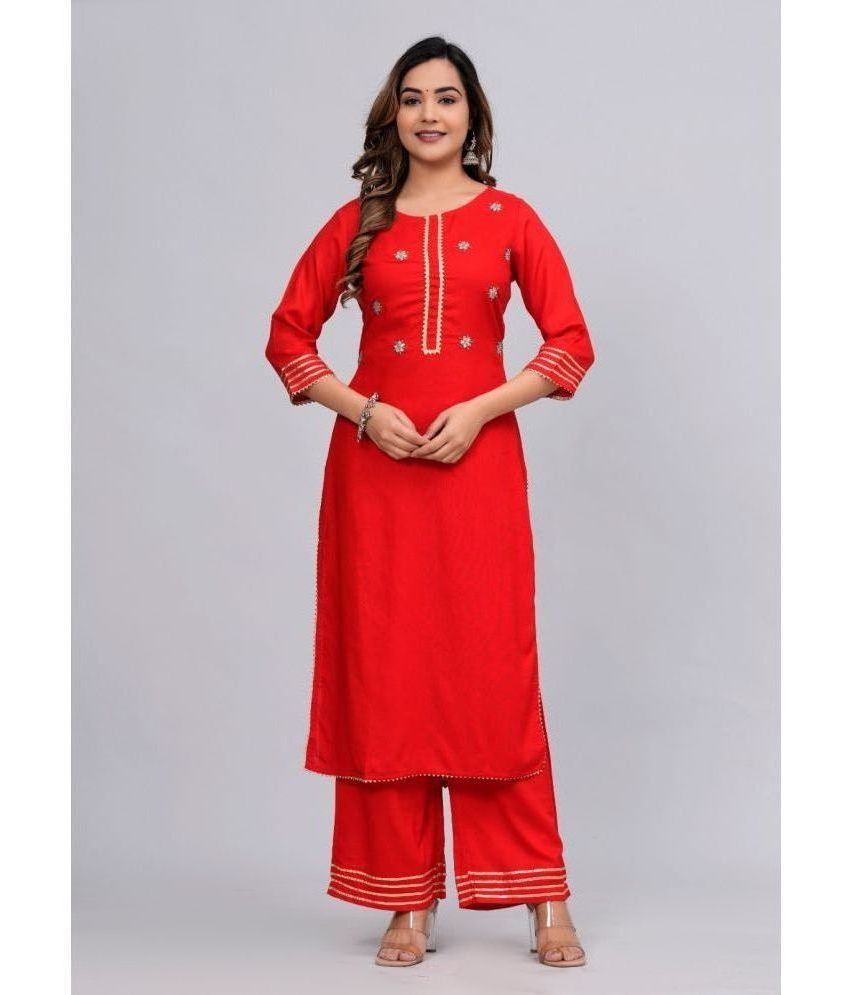     			MAUKA Rayon Embroidered Kurti With Palazzo Women's Stitched Salwar Suit - Red ( Pack of 1 )