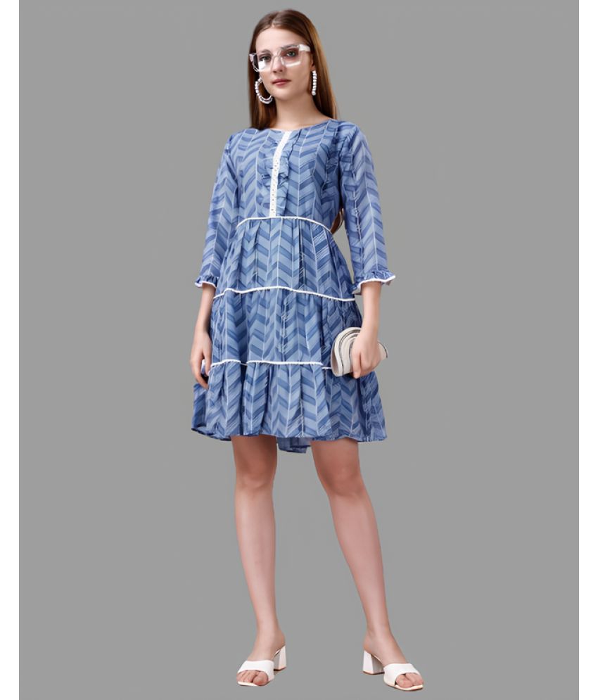     			Sanwariya Silks Cotton Blend Printed Mini Women's Fit & Flare Dress - Light Blue ( Pack of 1 )