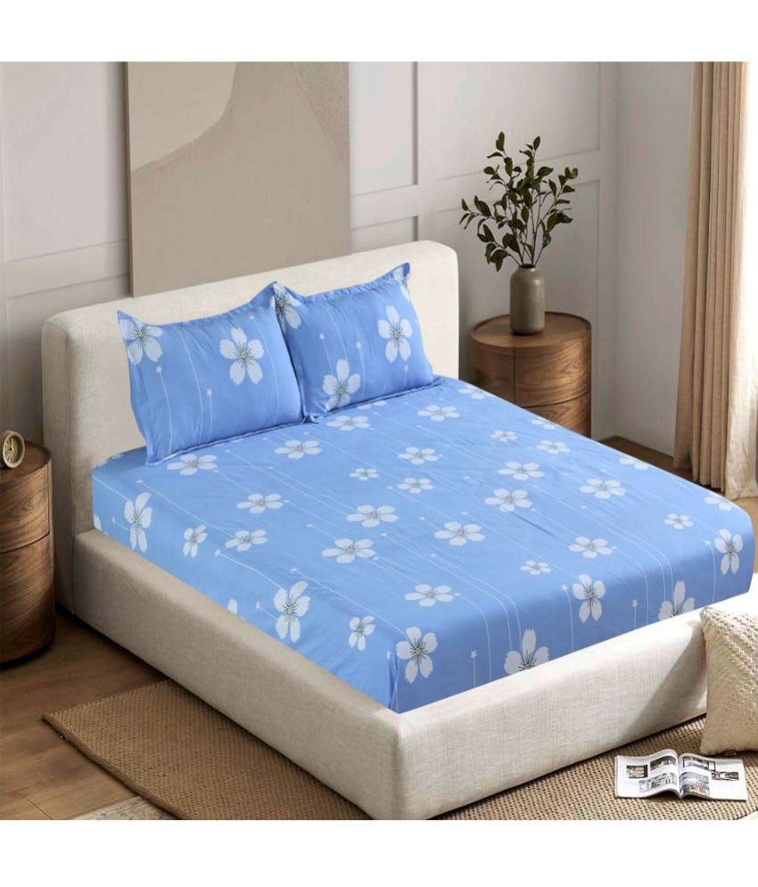     			Valtellina Cotton Floral Double Size Bedsheet with 2 Pillow Covers - Blue