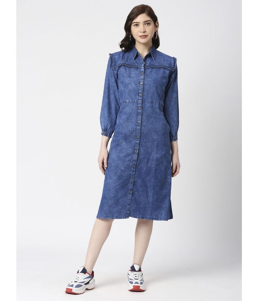     			CEFALU Denim Self Design Knee Length Women's Shirt Dress - Blue ( Pack of 1 )
