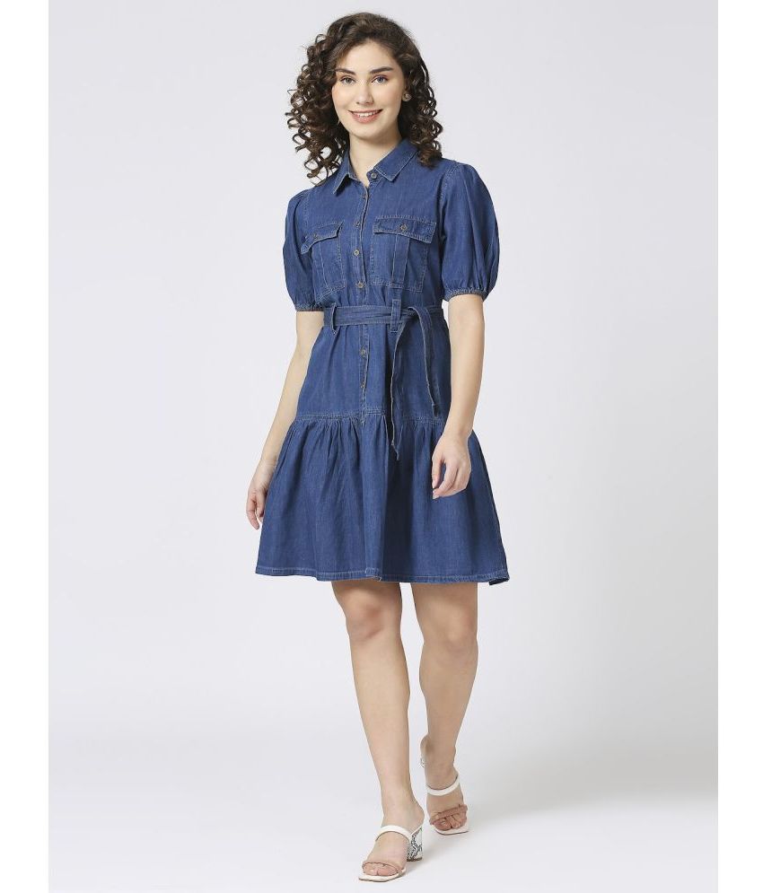     			CEFALU Denim Solid Above Knee Women's Shirt Dress - Blue ( Pack of 1 )