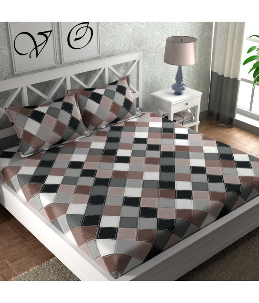     			CG HOMES Microfiber Big Checks 1 Double Bedsheet with 2 Pillow Covers - Grey