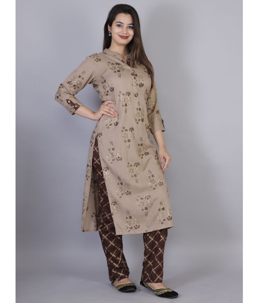     			HIGHLIGHT FASHION EXPORT Rayon Printed Kurti With Pants Women's Stitched Salwar Suit - Beige ( Pack of 1 )