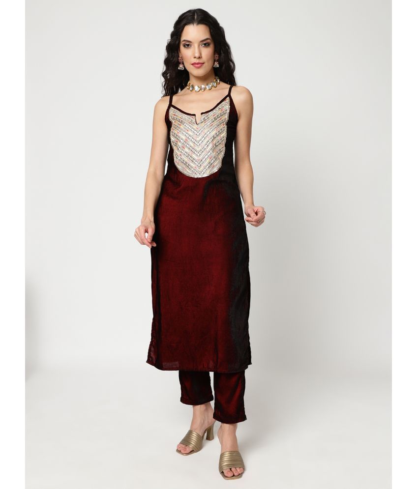     			Pannkh Velvet Embellished Kurti With Pants Women's Stitched Salwar Suit - Maroon ( Pack of 1 )