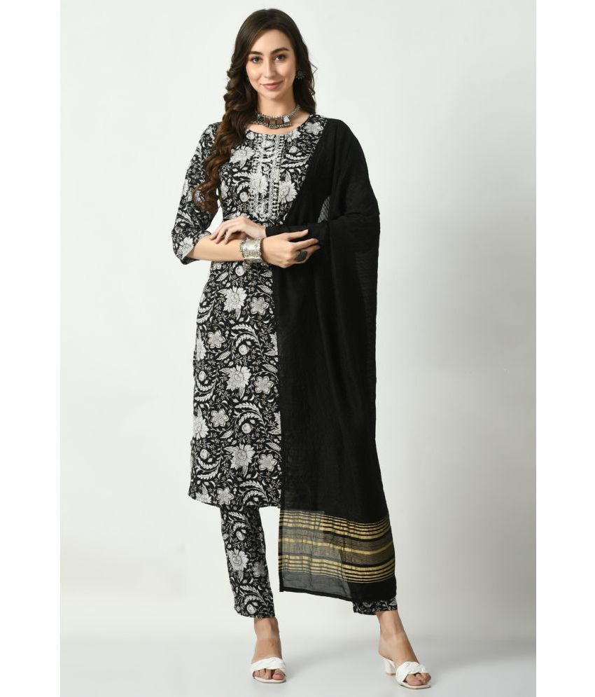     			S Majida Cotton Blend Printed Kurti With Pants Women's Stitched Salwar Suit - Black ( Pack of 1 )