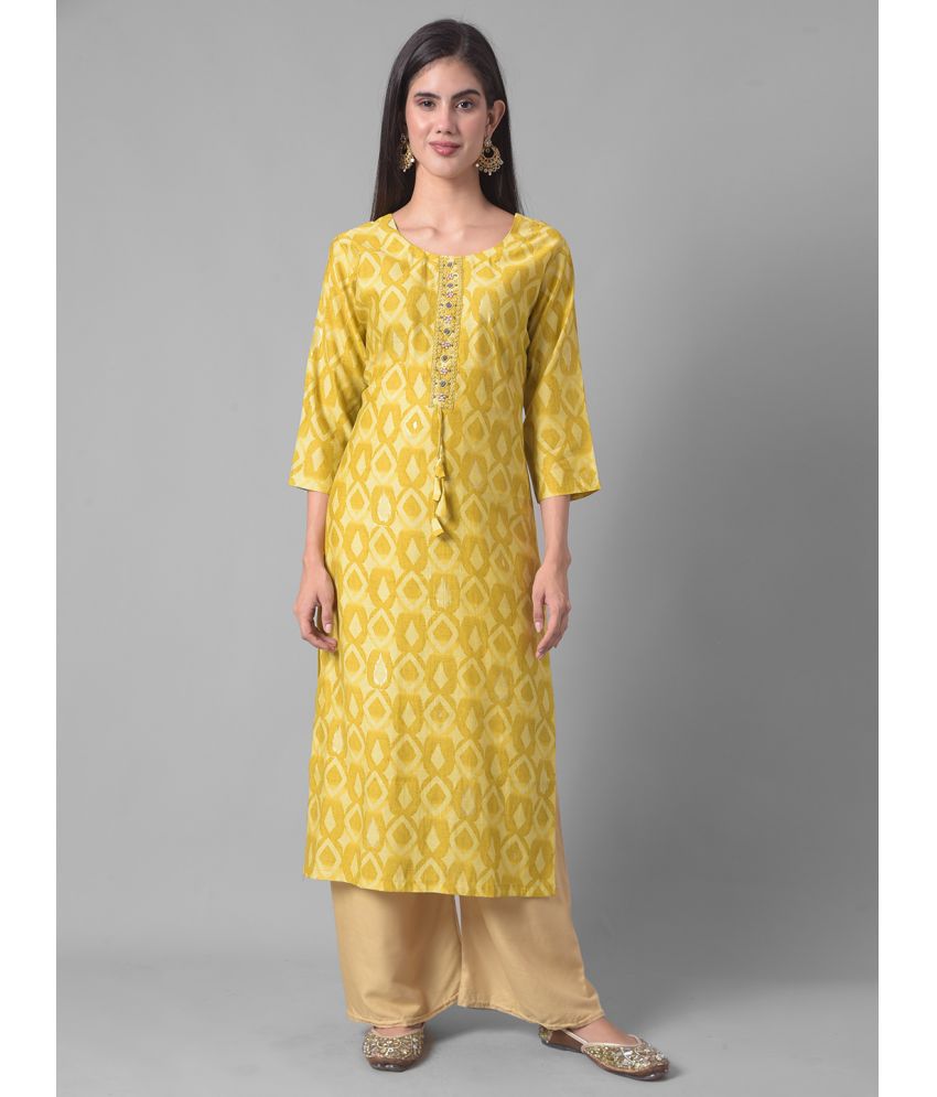     			Dollar Missy Cotton Blend Printed Straight Women's Kurti - Yellow ( Pack of 1 )