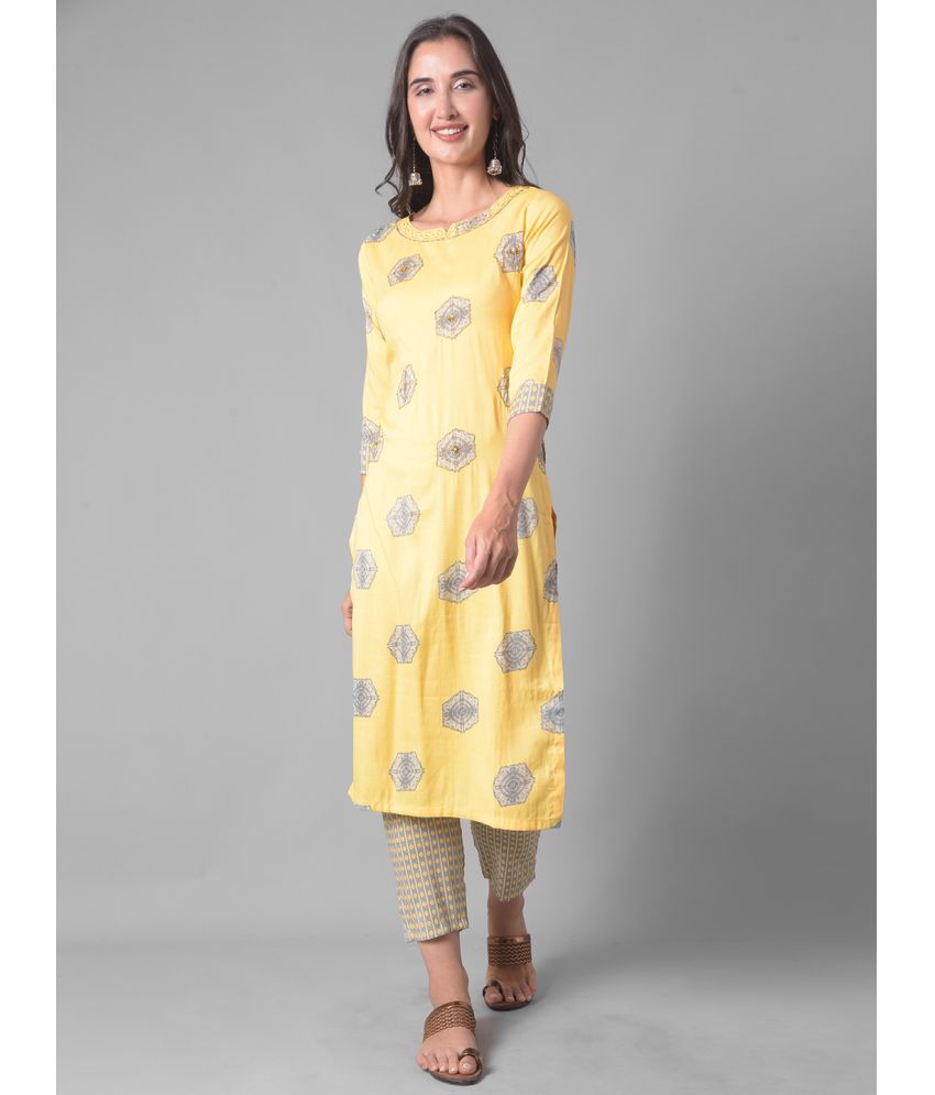     			Dollar Missy Cotton Blend Self Design Straight Women's Kurti - Yellow ( Pack of 1 )