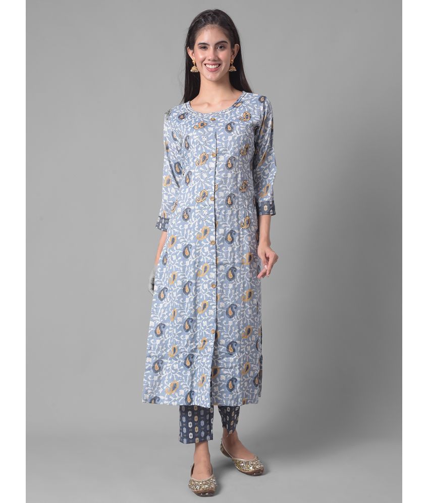     			Dollar Missy Cotton Blend Self Design Straight Women's Kurti - Blue ( Pack of 1 )