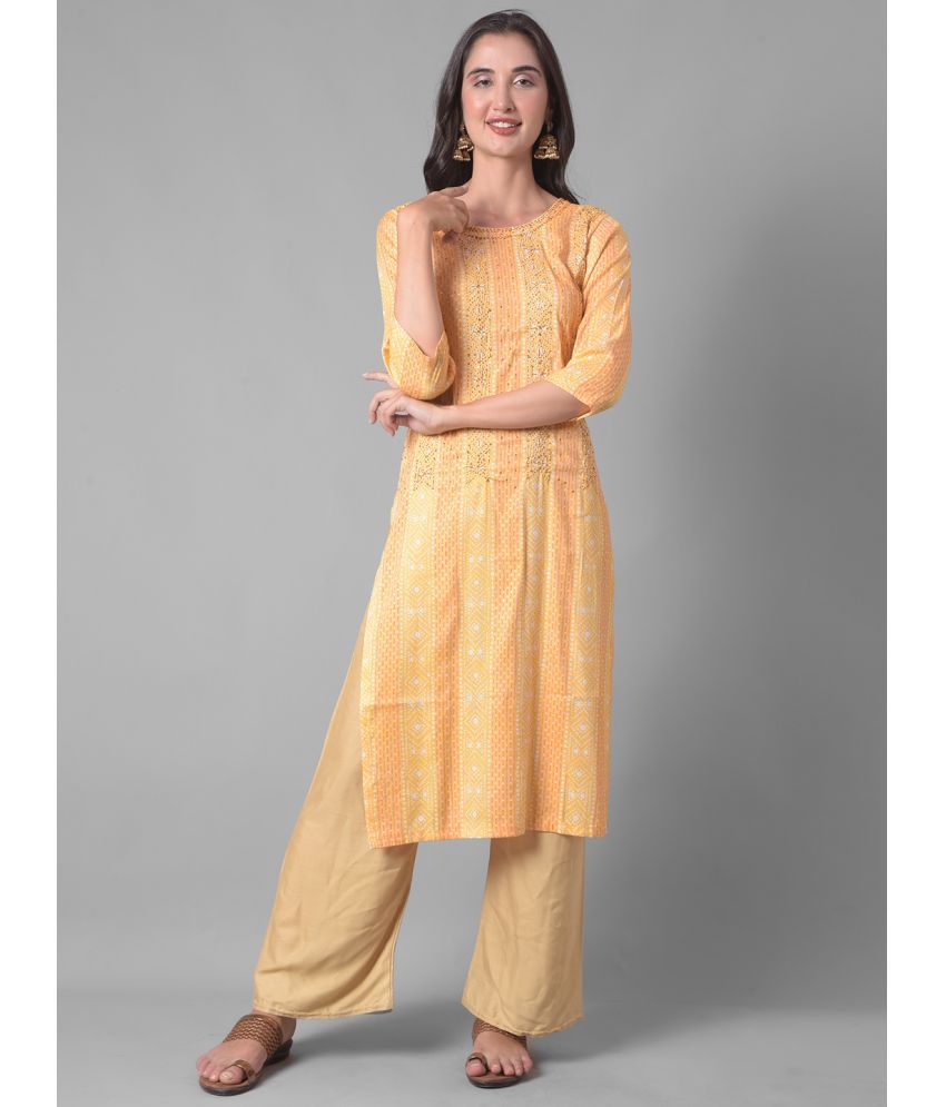     			Dollar Missy Cotton Blend Self Design Straight Women's Kurti - Yellow ( Pack of 1 )