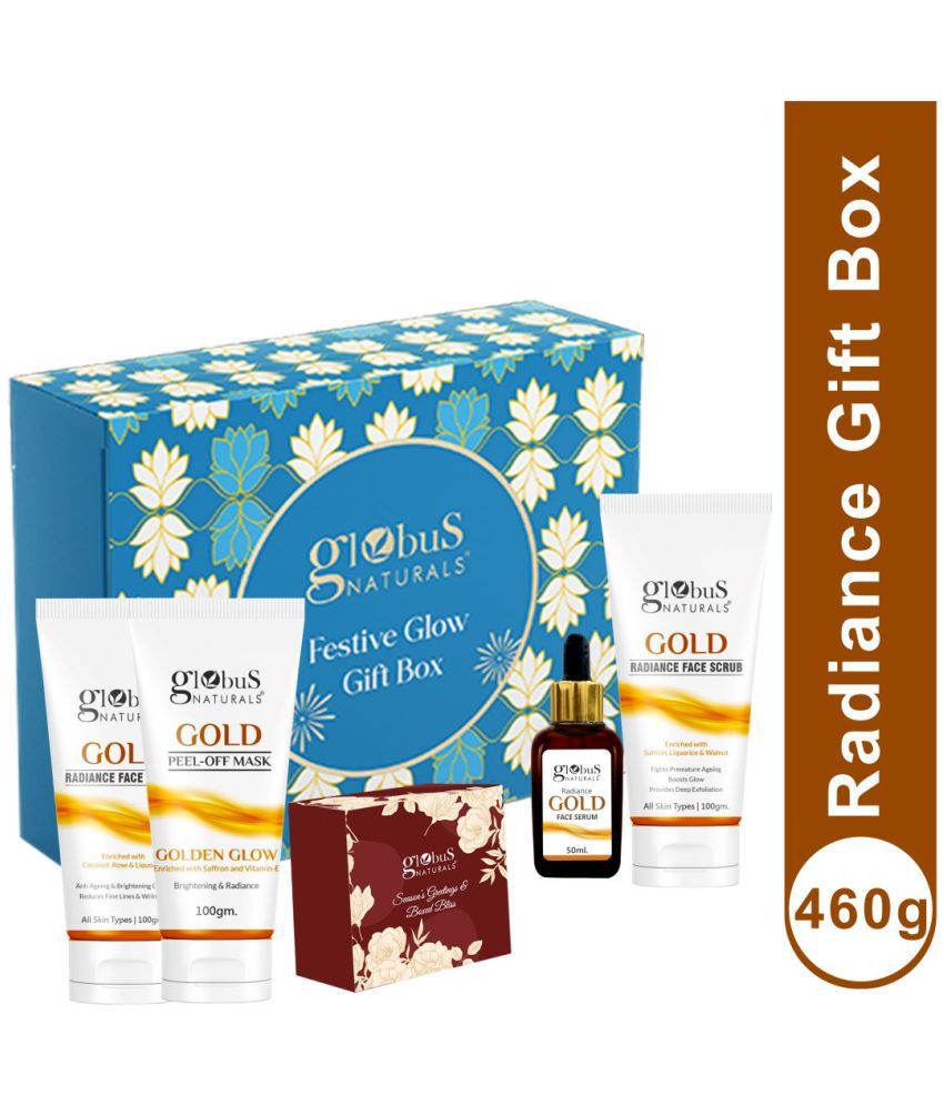     			Globus Naturals Gold Radiance Skincare Gift Box - Face Wash 100 ml, Face Scrub 100 gm, Peel Off Mask 100 ml, Face Serum 30 ml with Chocolate Box