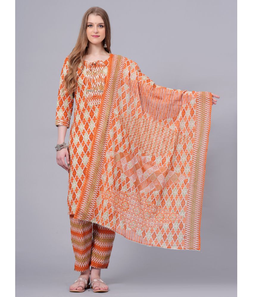     			HIGHLIGHT FASHION EXPORT Cotton Printed Kurti With Pants Women's Stitched Salwar Suit - Orange ( Pack of 1 )