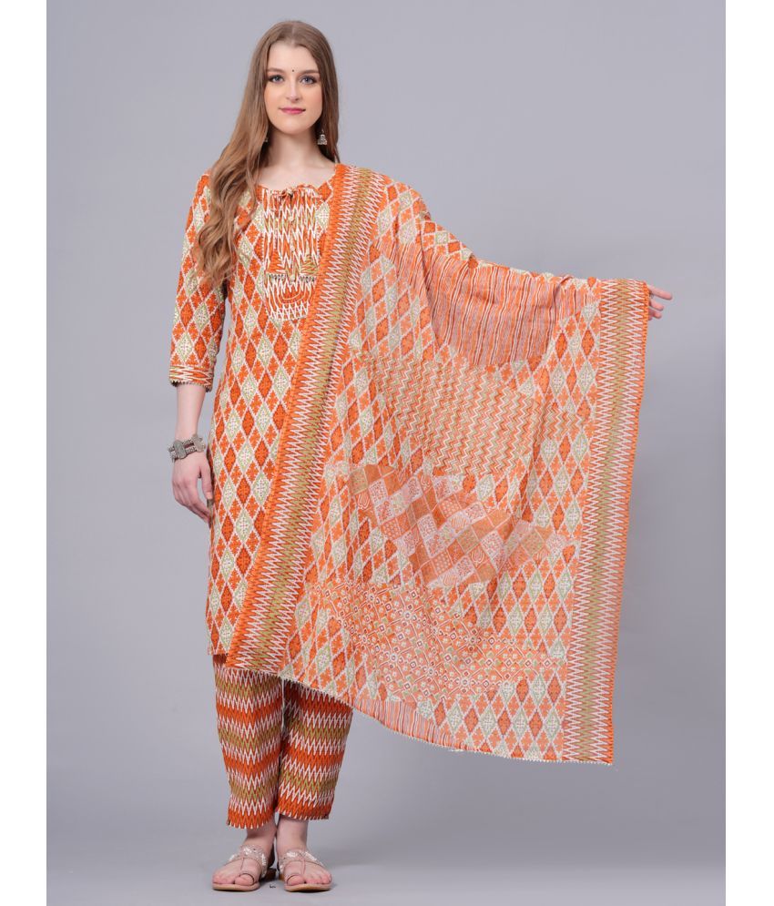     			JC4U Cotton Printed Kurti With Pants Women's Stitched Salwar Suit - Orange ( Pack of 1 )