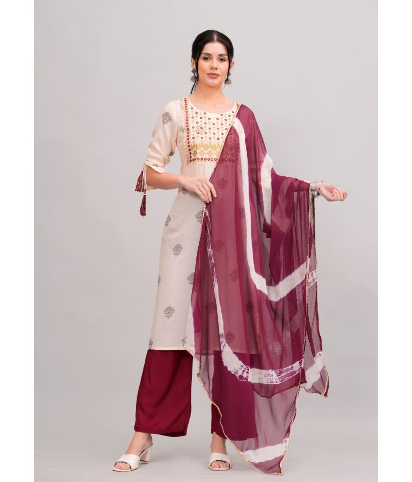     			MAUKA Rayon Printed Kurti With Palazzo Women's Stitched Salwar Suit - Cream ( Pack of 1 )