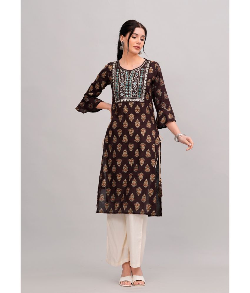     			MAUKA Rayon Printed Kurti With Palazzo Women's Stitched Salwar Suit - Brown ( Pack of 1 )