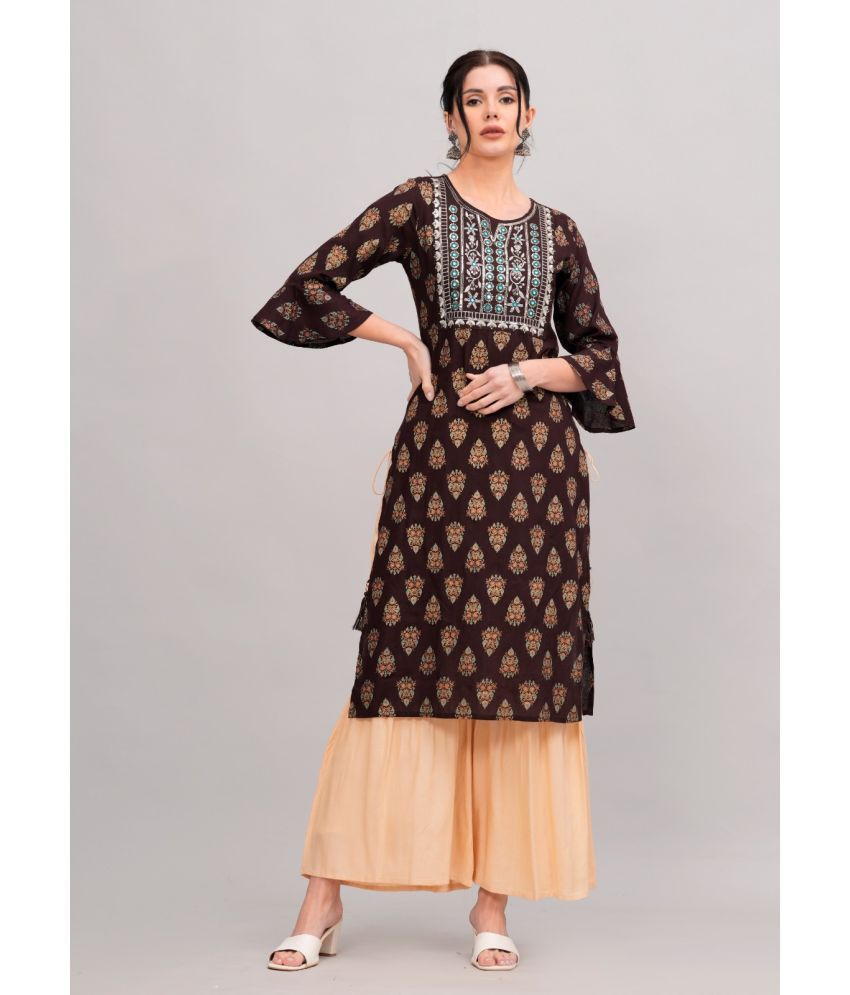     			MAUKA Rayon Printed Kurti With Sharara And Gharara Women's Stitched Salwar Suit - Brown ( Pack of 1 )