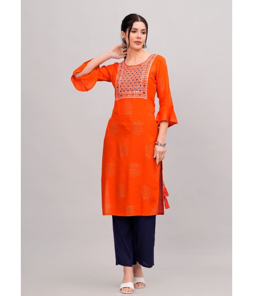     			MAUKA Rayon Printed Kurti With Palazzo Women's Stitched Salwar Suit - Orange ( Pack of 1 )