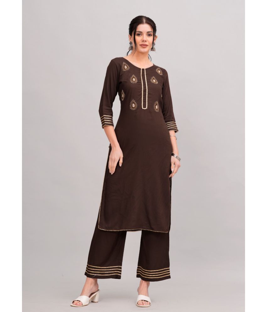     			MAUKA Rayon Solid Kurti With Palazzo Women's Stitched Salwar Suit - Brown ( Pack of 1 )