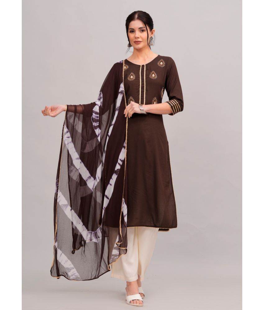     			MAUKA Rayon Solid Kurti With Palazzo Women's Stitched Salwar Suit - Brown ( Pack of 1 )