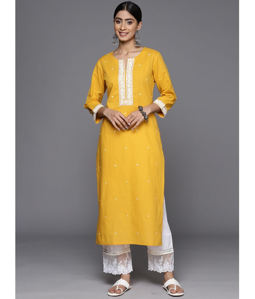     			Varanga Cotton Embroidered Straight Women's Kurti - Mustard ( Pack of 1 )