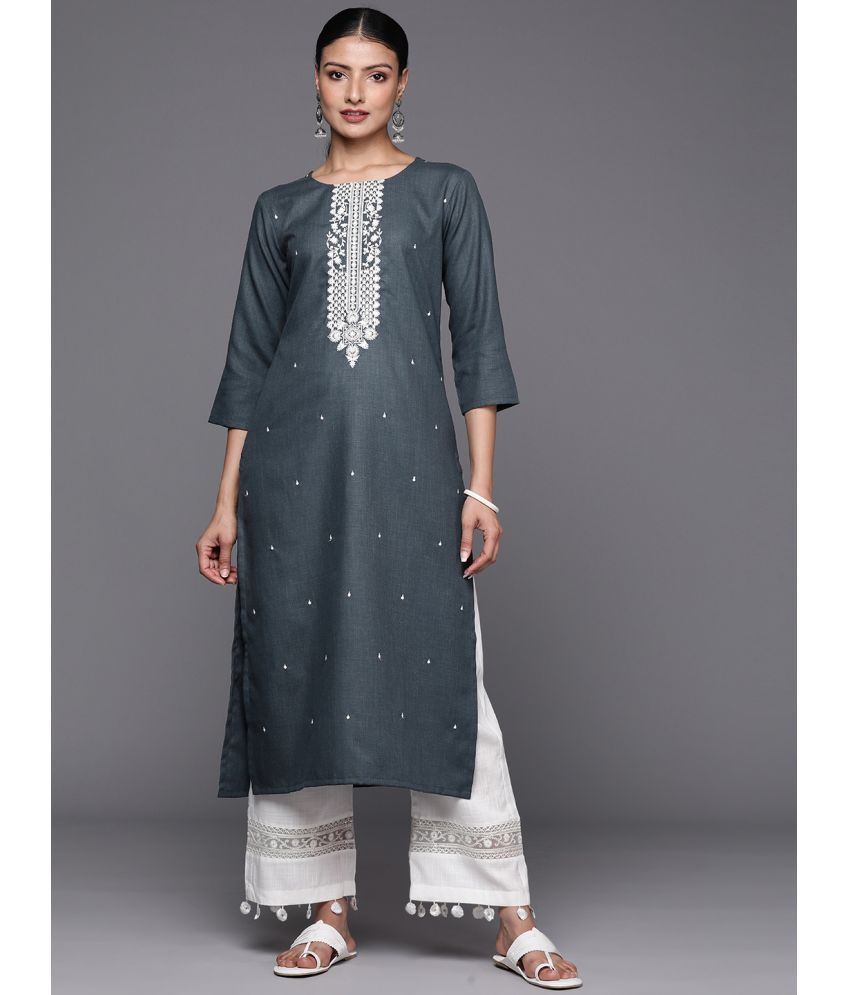     			Varanga Cotton Embroidered Straight Women's Kurti - Grey ( Pack of 1 )