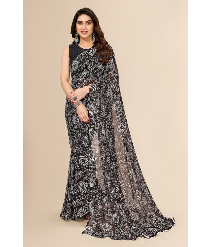     			Kashvi Sarees Georgette Printed Saree With Blouse Piece - Black ( Pack of 1 )