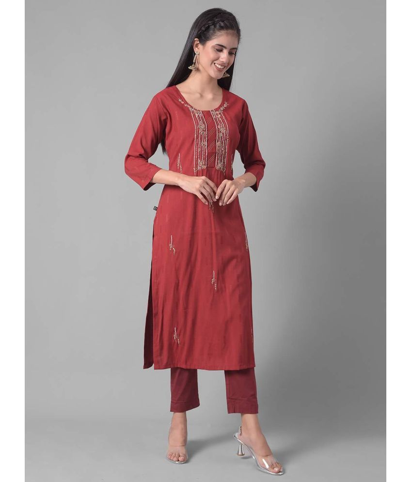     			Dollar Missy Cotton Blend Embellished Straight Women's Kurti - Maroon ( Pack of 1 )