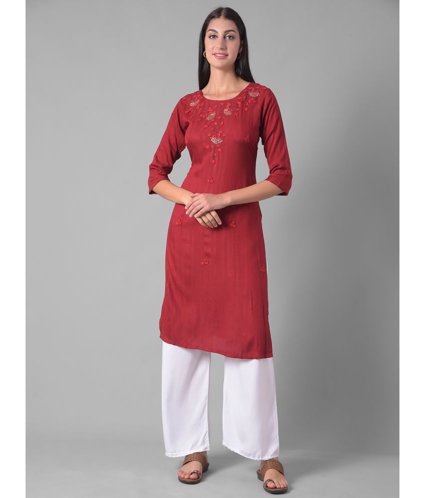     			Dollar Missy Cotton Blend Embroidered Straight Women's Kurti - Maroon ( Pack of 1 )
