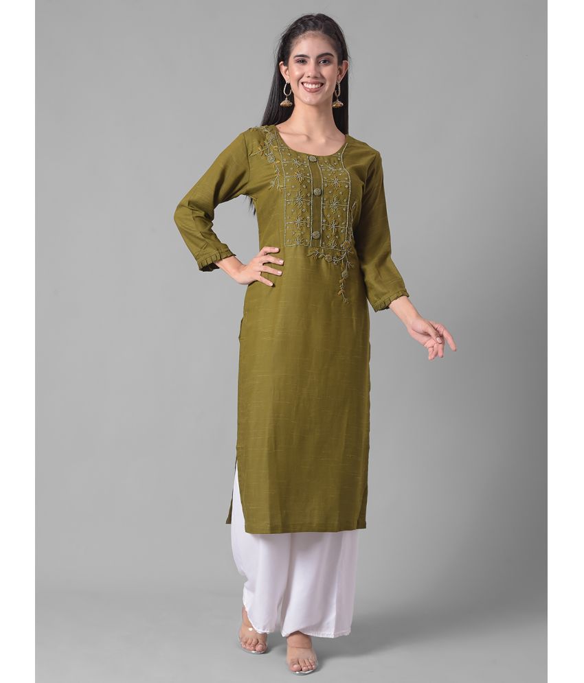     			Dollar Missy Cotton Blend Embroidered Straight Women's Kurti - Green ( Pack of 1 )