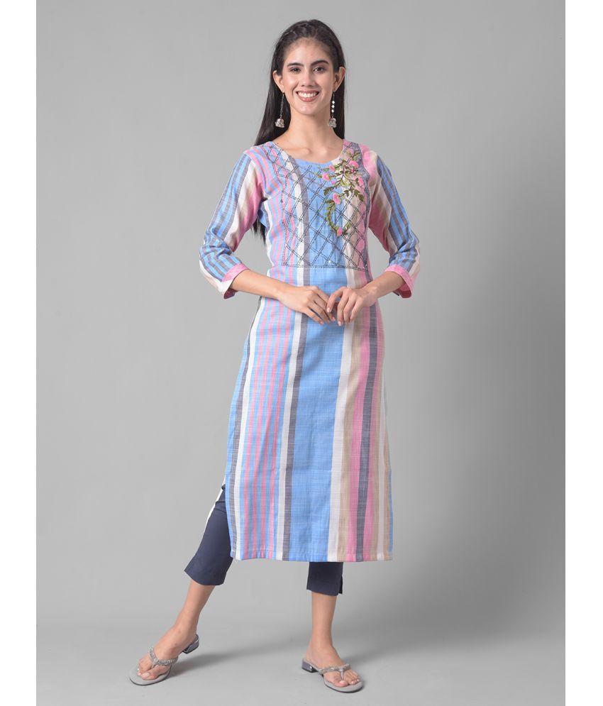     			Dollar Missy Cotton Blend Embroidered Straight Women's Kurti - Blue ( Pack of 1 )