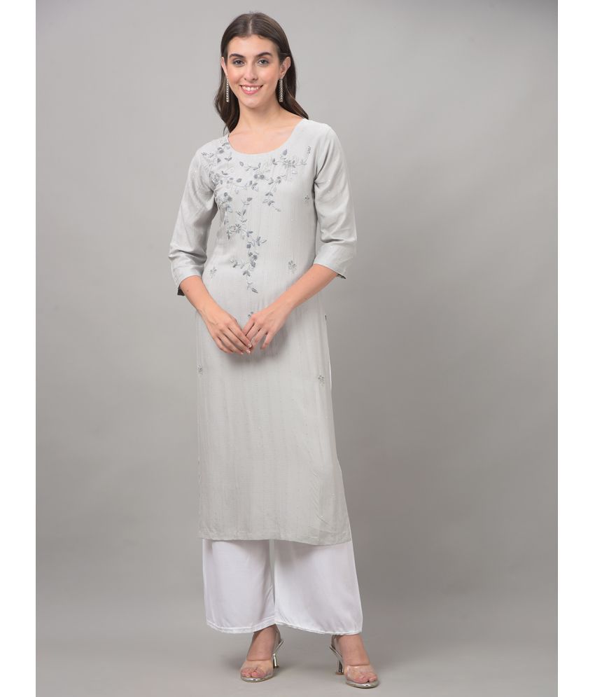     			Dollar Missy Cotton Blend Embroidered Straight Women's Kurti - Grey ( Pack of 1 )