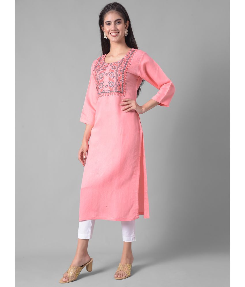     			Dollar Missy Cotton Blend Embroidered Straight Women's Kurti - Pink ( Pack of 1 )