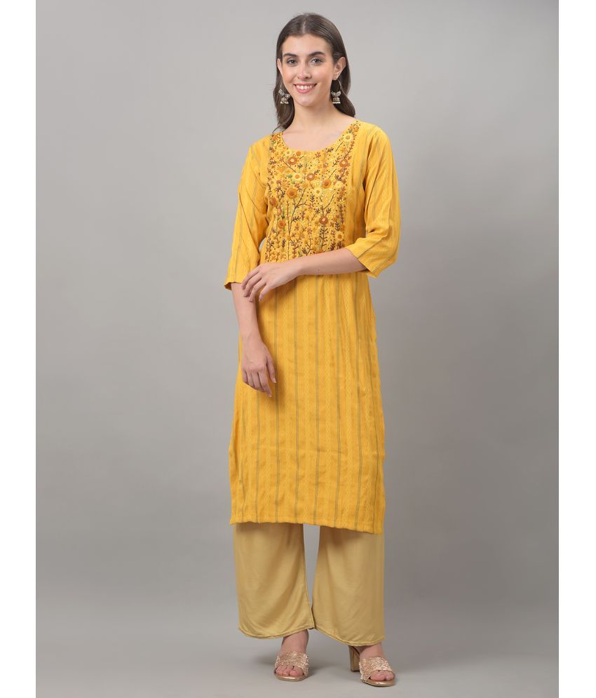     			Dollar Missy Cotton Blend Embroidered Straight Women's Kurti - Yellow ( Pack of 1 )