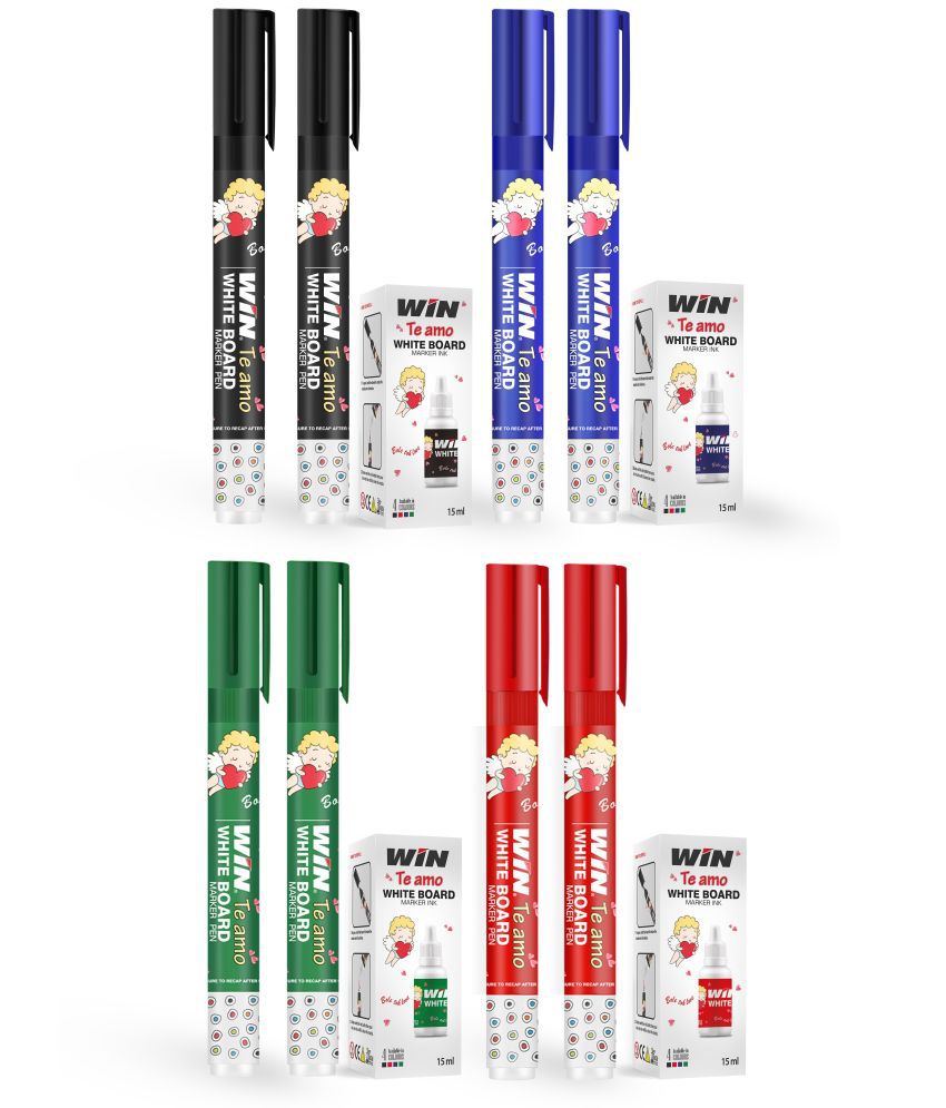     			Win Te amo White Board Markers 8Pcs (2Blue,2Black,2Red,2Green) with 4 Ink bottles (Set of 8, Multicolor)