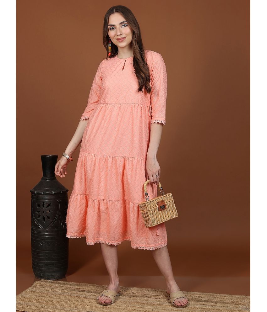     			Ketch Polyester Blend Self Design Midi Women's Fit & Flare Dress - Peach ( Pack of 1 )