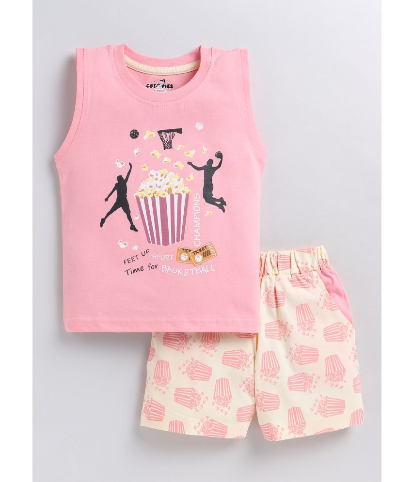     			CUTOPIES Pink Cotton Blend Boys T-Shirt & Shorts ( Pack of 1 )